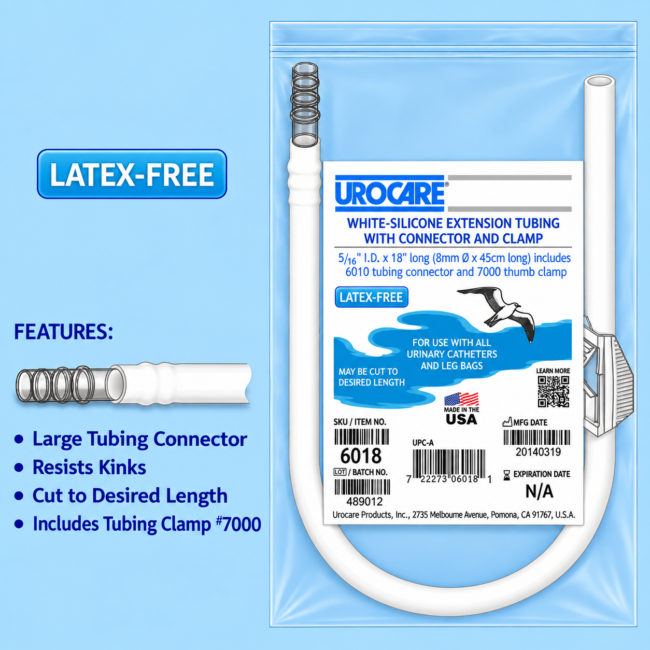 Urocare White Rubber Ext Tubing 18" lg, 5/16" I.D w/thumb clamp and connector